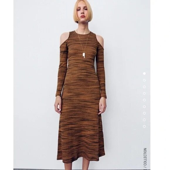 New Zara Ribbed Cut Out Cold Shoulder Long Sleeve Brown/Black Midi Dress Small - Picture 3 of 15